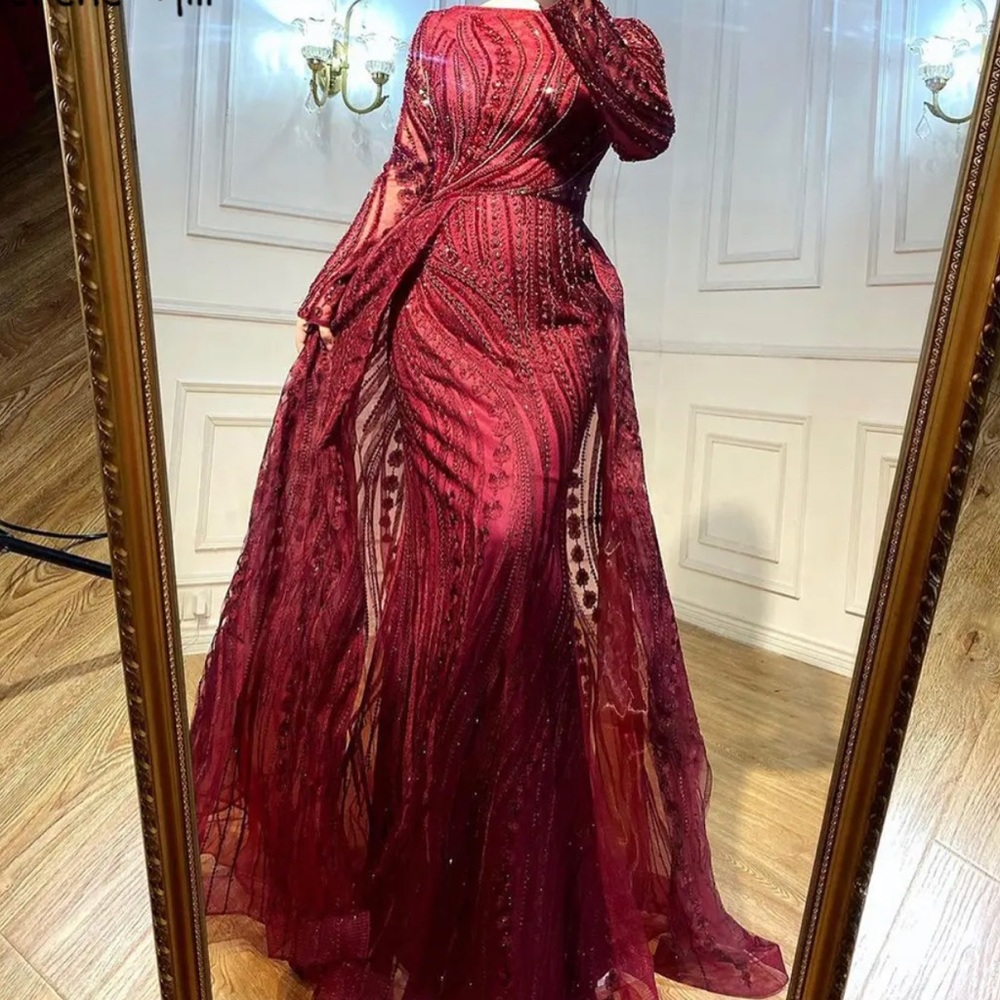 Modest Burgundy Gown with Overskirt
